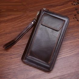 Wallets Men Clutch Long Wallet Wrist Bag Genuine Leather Multi-Cards Holder Coin Pocket Vintage Oil Wax Cowhide Casual Money Handy Purse