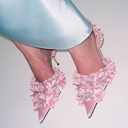 Mulheres banquetes de casamento rosa saltos altos sandálias sexy cristal bowknot plissout plissado tirha tira estiletto sapatos de sapatos sandálias