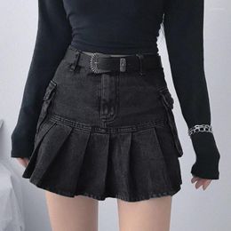 Skirts Gothic Punk Black Denim Mini Skirt Women Grunge High Waisted Pocket Patchwork A-line Jean Pleated Emo E Girl Streetwear