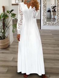 Casual Dresses 2023 Patchwork Hollow Out Summer Long Sleeve Sexy Lady Beach Lace White Dres Slim V Neck Solid Vestidos 230424