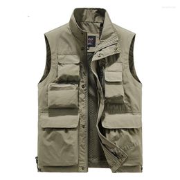 Men's Vests M-5XL Men's Sleeveless Tank Top Classic Solid Multi Pocket Mock Neck Vest Casual Director Reporter