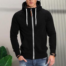 Men's Hoodies Men Hoodie Thick Zipper Closure Hooded Coat With Drawstring Patchwork Mid Length Pockets Winter Fall