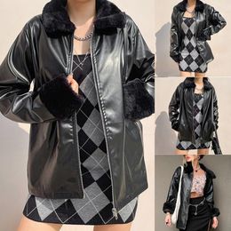 Women's Jackets Winter Fashion Y2K Patchwork Leather Women Short Chic Faux Fur Turn Down Collar Streetwear Coat Tops BlackWomen's