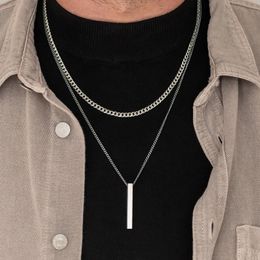 Pendant Necklaces Vnox 3D Vertical Bar for Men Layering Stainless Steel Geometric Layered Wheat Rope Cuban Chain Boy Collar 230424