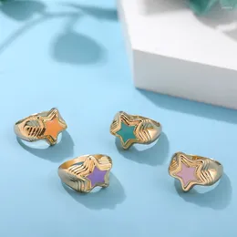 Cluster Rings Korea Fashion Multicolor Enamel Star Trendy Geometric Dripping Oil Gold Color Chunky Finger For Women Punk Jewelry