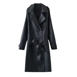 Women's Trench Coats SuperAen Autumn PU Leather Windbreaker Dress 2023 Casual Long Coat For Women