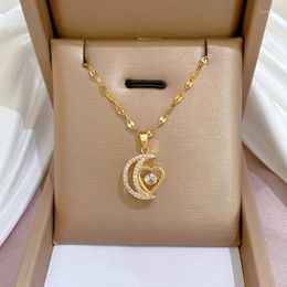 Pendant Necklaces LUCKY99 Titanium Steel Heart Shape Moon Smart Micro Inserts Zircon Stove Real Gold Plating Love Pendants Women Jewelry