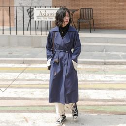 Women's Trench Coats Windbreaker Women's Mid-length Coat Early Autumn Casual Temperament Cardigan Navy Blue Long-sleeved