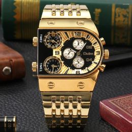 Wristwatches Luxury Golden Watches For Men Irregular Black Big Dial Quartz Men's Wristwatch Three Time Zone Clock Stainless Steel Strap