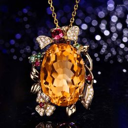 Pendant Necklaces Gold Color Luxury Oval Champagne Yellow Tourmaline Crystal Stone CZ Necklace For Women Wedding Party Jewelry