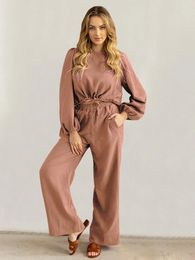 Women's Sleepwear Marthaqiqi Casual Female Pyjamas Suit O-Neck Long Sleeve Nightwear Sexy Lace Up Crop Top Nightie Pants Nightgowns Set