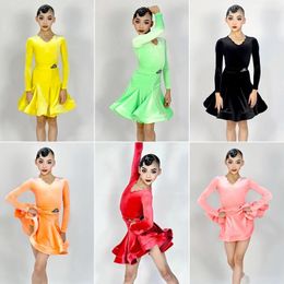 Stage Wear Girls Velvet Long Sleeve Latin Competition Dress Kids Rumba Samba Dance Clothing ChaCha Performance Suit Bodysuit Skirt DL11128