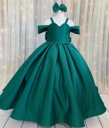 Girl Dresses Emerald Green Puffy Flower Dress For Wedding Satin Off Shoulder Ball Gown First Communion Girls Party