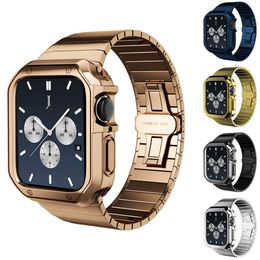 Luxury TPU Electroplate Cases Stainless Steel Straps Bamboo Chain Link Bands Butterfly Clasp Protective Cover Band Strap For Apple Watch 3 4 5 6 7 8 Size 42 44 45 49mm
