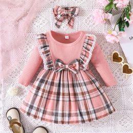 Girls Dresses Baby Christmas Clothes Plaid Patchwork Crew Neck Long Sleeve Dress Fall Casual Princess with Headband 231124