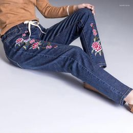 Women's Jeans Spring Female Flowers Embroidery Womens Light Blue Elastic Waist Denim Pants High Straight Leg Cropped Cut