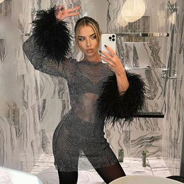 Casual Dresses Nightclub Sequins Dress For Women 2023 Summer Clothes Fashion Feathers Sexy Long Sleeve Mini Short Party Clubwear Outfits