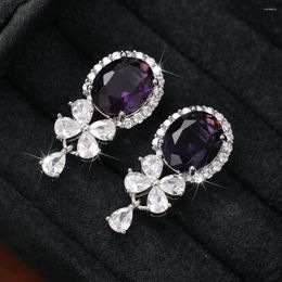 Dangle Earrings Huitan Unique Purple Cubic Zirconia Flower For Women Aesthetic Wedding Party Accessories Daily Fashion Jewellery