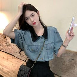 Women's Blouses Vintage Denim Shirt Summer Women Single Breasted Puff Short Sleeve All-match Tops 2023 Korean Style Casual Chic Cropped