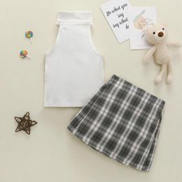 Clothing Sets 2 Pieces Kids Suit Set Solid Colour Round Neck Sleeveless Tops Plaid Midi Skirt For Toddler Girls 2-6T