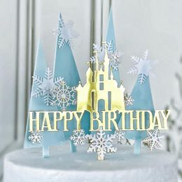 Festive Supplies Merry Christmas Shiny Gold Baking Cake Toppers Decorations Snowflake Castle Tree Cupcake Plug-in Double Acrylic Year Gifts