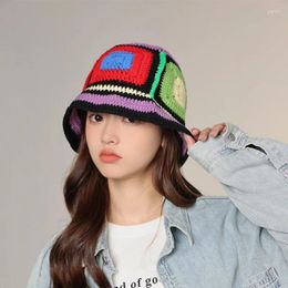 Berets Autumn Winter Women Colourful Knitted Bucket Hat Handmade Crochet Sunscreen Fisherman Hats Lady Girl Bohemian Panama Basin Cap