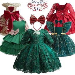 Girls Dresses Lace Baby Girl Dress for Birthday Wedding Princess 15 Yrs GreenRed Christmas Party Formal Prom Gown 231124