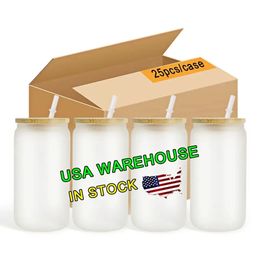 Warehouse US 16oz Sublimation Glasses Beer Mugs with Bamboo Lids and Straw Tumblers DIY Blanks Cans Heat Transfer Tail Iced Cups Mason Jars