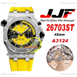 JJF 2670 A3124 Automatic Chronograph Mens Watch 42mm Black Inner Yellow Textured Stick Dial Rubber Strap Super Edition Reloj Hombre Montre Homme Puretime F6