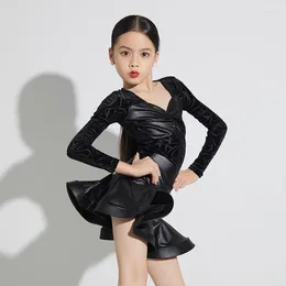 Stage Wear ChaCha Latin Dance Costume Children Competition Dress Black Long Sleeve Practise Rymba Tango Performance Dancewear DL11187