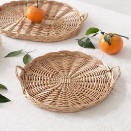 Plates 1pc Portable Rattan Serving Tray Storage Baskets With Handle Round Woven Picnic Table For Dinner Parties Breakfast