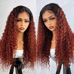 Ombre Copper Red Long Lace Front For Black Women Dark Roots Afro Curly Synthetic Heat Fibre Hair Daily Wear