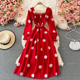 Casual Dresses Elegant Women's Midi Dress Fashion Polka Dot Square Collar Puff Long Sleeve A-line 2023 Autumn Slim Party Frock