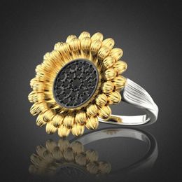 Cluster Rings Design Silver Colour Big Sunflower Black Stone Ring For Women Bridal Party Banquet Engagement Jewellery Accessories Gift