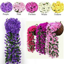 Decorative Flowers Artificial Violet Flower Wall Wisteria Basket Hanging Garland Vine Fake Silk Garden Decor Indoor Outdoor Lots