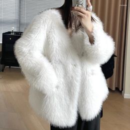 Women's Fur Women Luxury V-neck White Coat Female Winter Korean Fashion Loose Basic Elegant Warm French Long Sleeve Grey