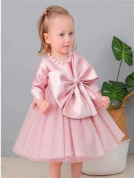 Girl Dresses Princess Ball First Communion Long-sleeved Satin Tulle Lace Pearl Bow Flower Dress Kids Surprise Birthday Present
