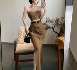 Skirts Women Stripe Wrapped Chest Tops Pleated Split High Waist Wrap Buttocks Long Two Piece Set Casual Dress Matching