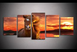 Only Canvas No Frame 5Pcs Horse Running at Beach Sunset Wall Art HD Print Canvas Painting Fashion Hanging Pictures for Living Ro1469827