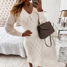 Casual Dresses Boho Inspired White Knitted Dress Women Long Sleeve V-neck Hollow Out Bodycon Sexy Ladies Winter Party Warm