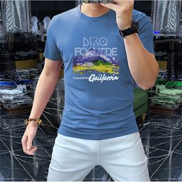 Men's Short Sleeved T-shirt Fashionable Rhinestone Letter Print Designs Causal Male Tees Mercerized Cotton Slim Multi Color Tops Clothing M-4XL