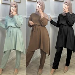 Ethnic Clothing Two Piece Dubai Abaya Turkish Muslim Long Sleeve Loose Tops Pants Women Kaftan Islamic Dress Arab Jilbab Solid Colour