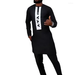 Men's Tracksuits 2023 Elegant Suit Shirt Pants 2-piece Two-piece Set Round Neck Stitching Solid Color Party Long Sleeve African Ethnic Styl