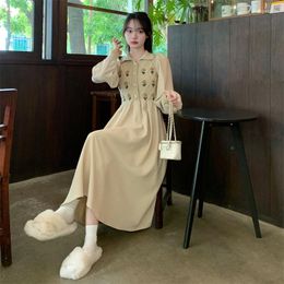 Casual Dresses 2023 French Autumn Winter Clothes Lapel Work Embroidery Knitting Splicing Corduroy False Two Piece Dress Women Y2k