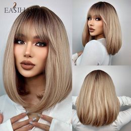 Synthetic Wigs EASIHAIR Short Straight Bob with Bang Golden Brown Natural Hair for Women Daily Cosplay Heat Resistant Fiber 230425