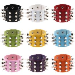 Punk Bracelets Jewelry Three Row Cuspidal Spikes Rivet Stud Wide Cuff Leather Gothic Rock Unisex Bangle Bracelet 13 Colors