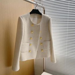 Women's Jackets Luxury Tweed Jacket Women Fall Winter Blue Yellow Black Plaid Blazer White Double Breasted Cropped Top