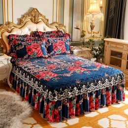 Bed Skirt Thick Bedspread Velvet Bed Cover Skirt Floral Print Pattern Warm Lace Bedding Queen Bedded Set Mattress Cover Decor Decoration 230424