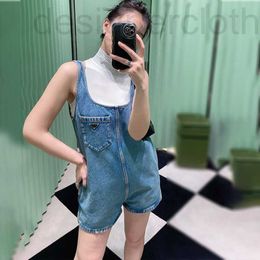 Women's Jumpsuits & Rompers designer luxury P 2024 Early Spring New Casual Round Neck Sleeveless Denim One Piece Shorts Solid Colour Underlay Tank Set