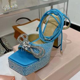 Sandals Waterproof Platform Thick Sole High Heel Square Toe Bow Knot Rhinestone Decor Summer Sexy Party Dress Shoes 2023
